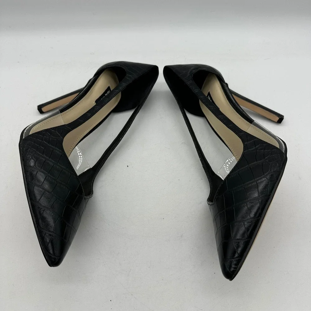 Nine West Womens 10.5 Trivs3 Black‎ Croc Pointed Toe Clear Panel Stiletto Pumps